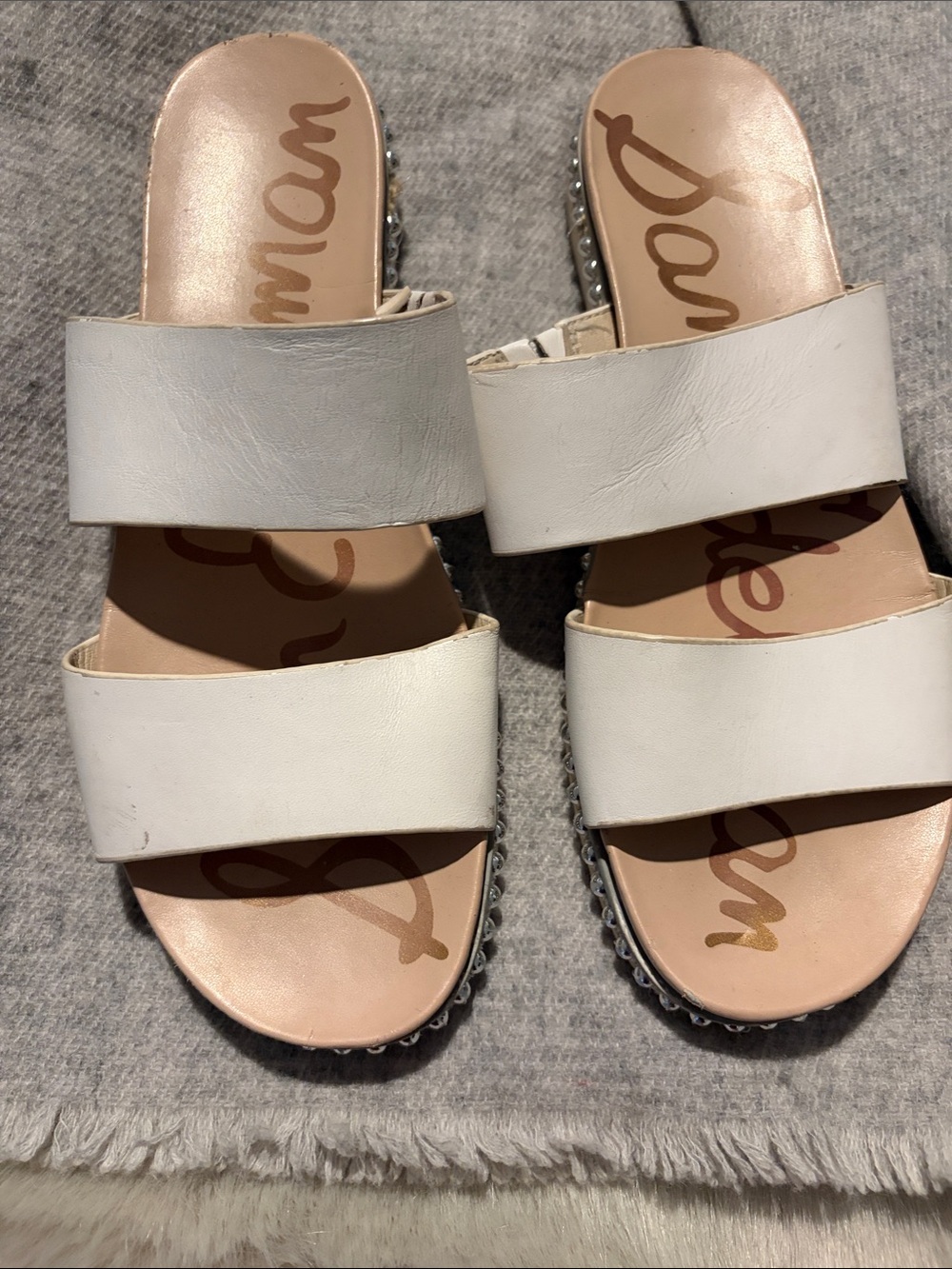 Sam Edelman White Double Strap Slide Sandals with Studded Trim